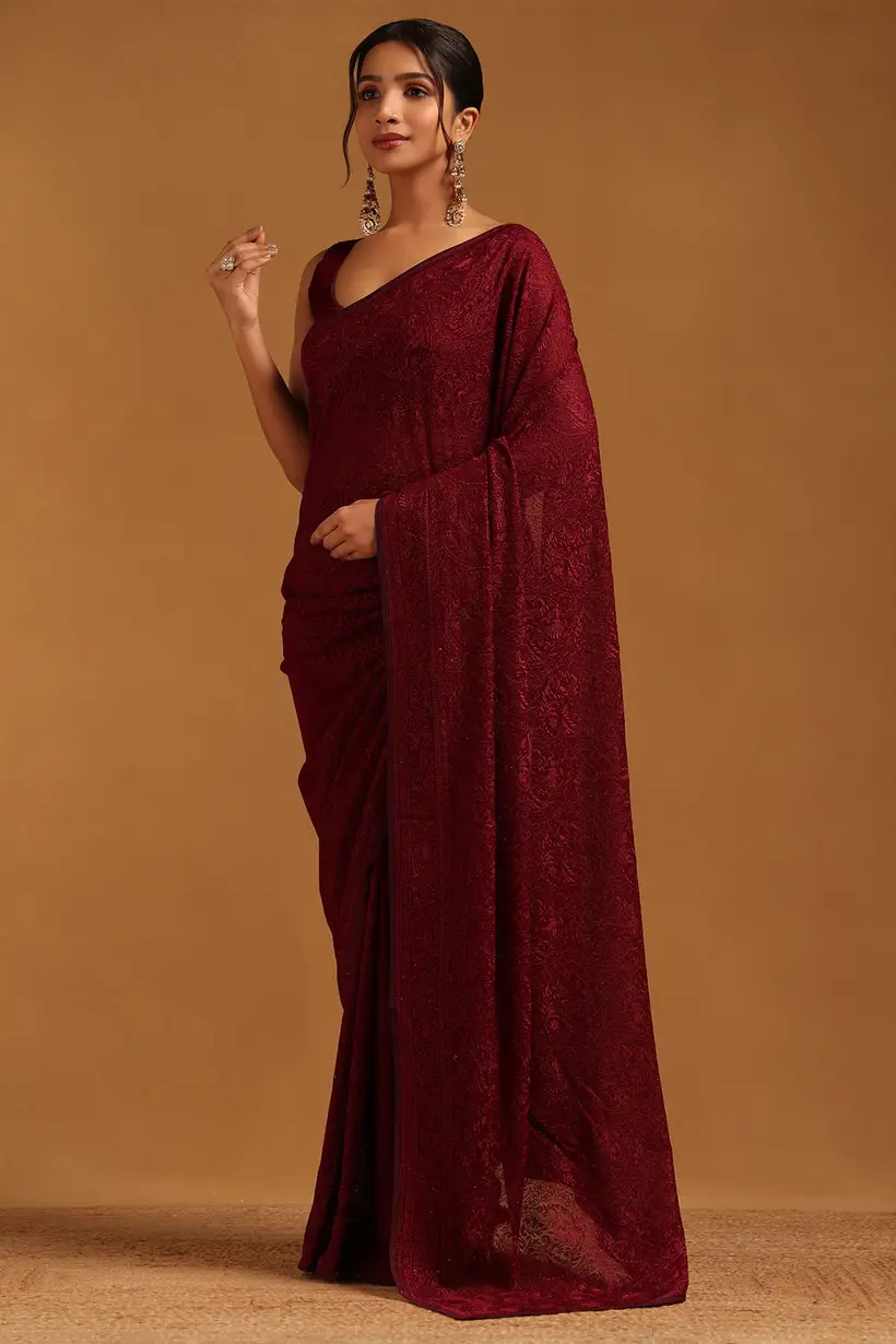 wine georgette botanical sarees with machine embroidery
